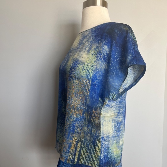 Lafayette‎ 148 Astract print Silk short sleeve Cocktail Blue Top Blouse T-shirt - Picture 6 of 11